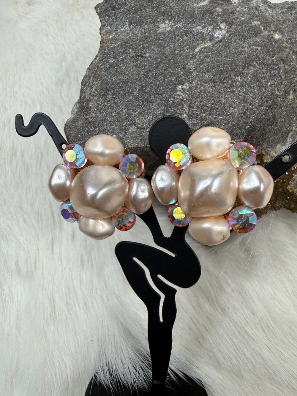 Vintage Cluster Earrings w/ Faux Pearls & AB Beads Clip-on 1.25" X 1.25"